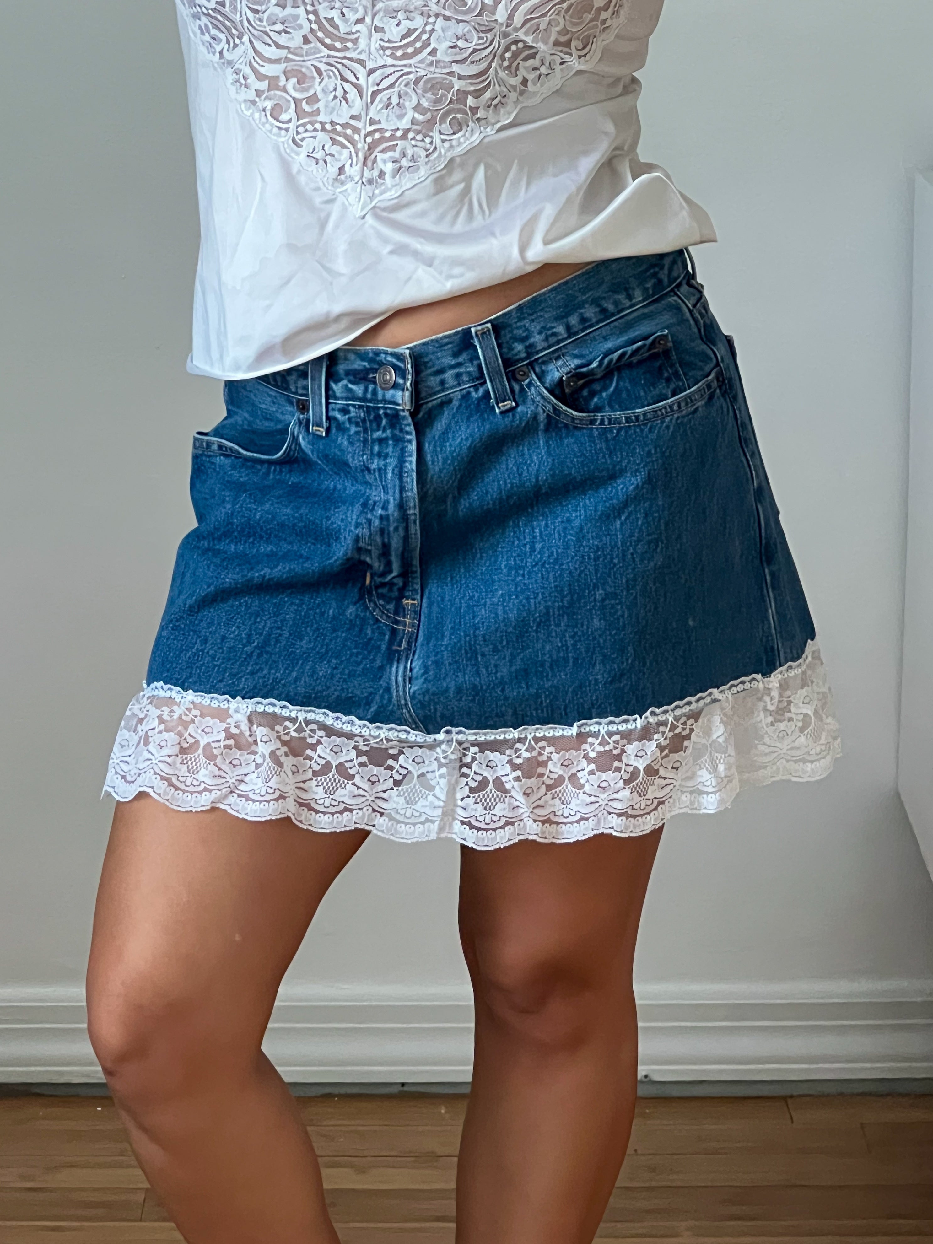 Lace Trim Denim Skirt