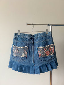 Floral Lace Pleated Denim Skirt