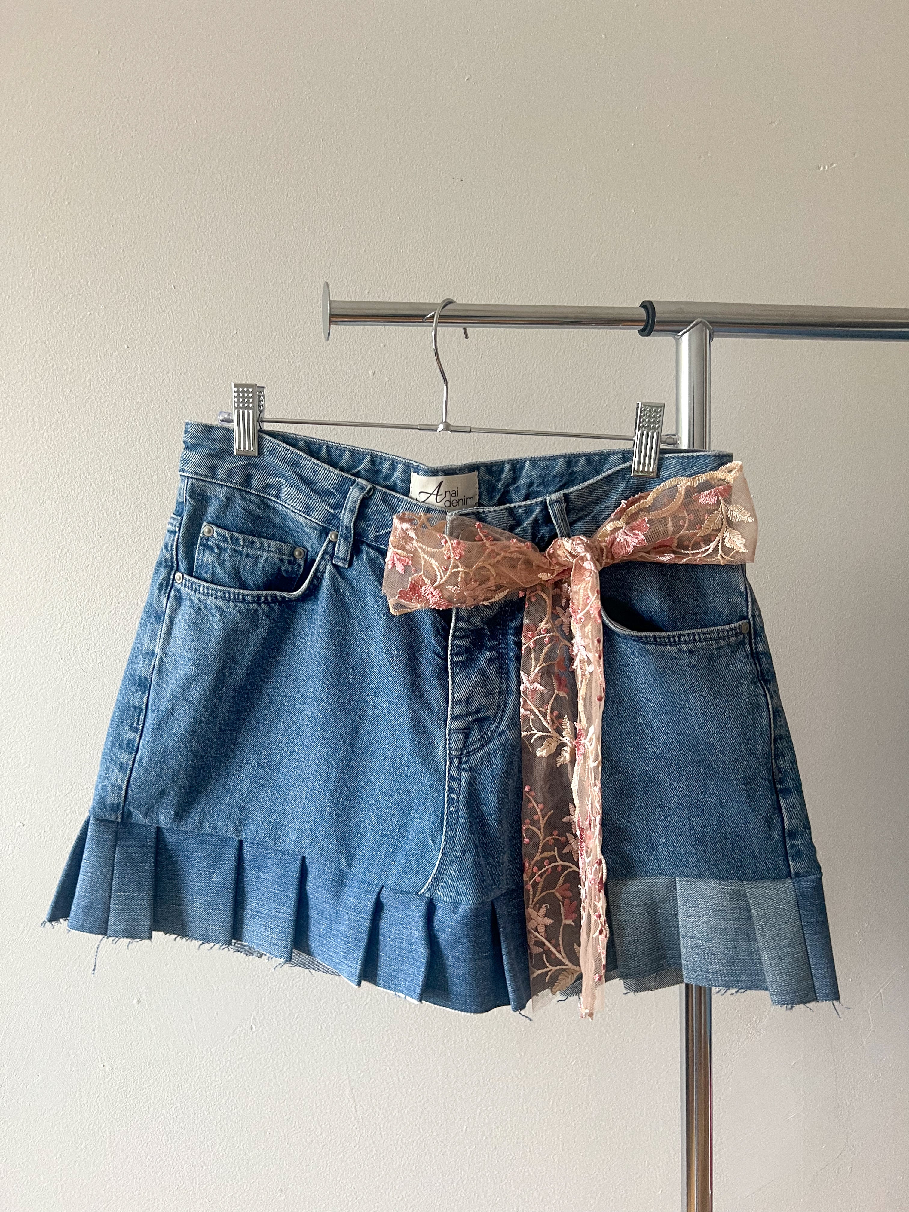 Floral Lace Pleated Denim Skirt
